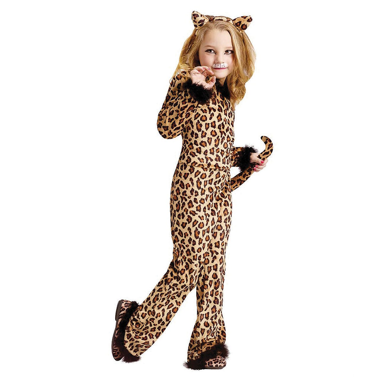 Pretty Leopard Girls Costume Leopard Print Jumpsuit with Tail and Marabou Trim